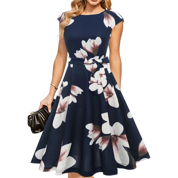 Dresstells Women's Navy Blue Flower Modest Vintage Cocktail Formal Party Dresses - Picture 1 of 4